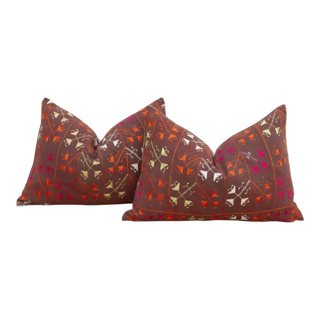 Set of 2, Kuchiana Mirror, Antique Phulkari Lumbar Pillow Covers For Sale