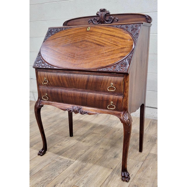 Antique Walnut Inlaid Slant Top Secretary Desk Bureau Writing Desk For Sale In Kansas City - Image 6 of 12
