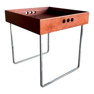 1990s Mid-Century Modern Coffee Table, Japandi Style, Solid Wood & Chrome For Sale