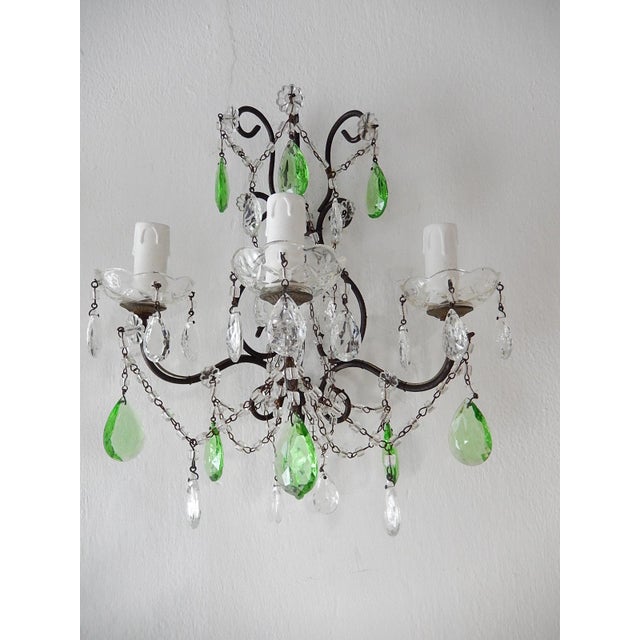 1920s Italian Rococo Green Crystal Prisms 3 Light Sconces - a Pair For Sale - Image 4 of 11