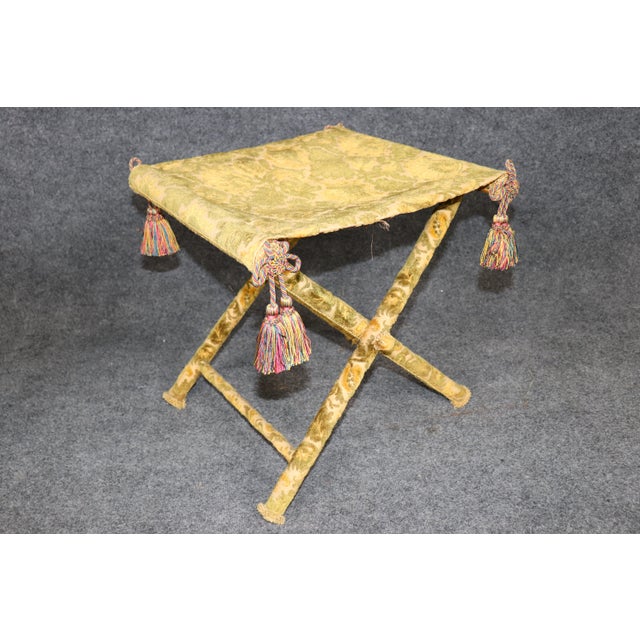 Textile Pair English Folding X Benches in Damask Upholstery For Sale - Image 7 of 9