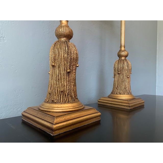 Gold Late 20th Century Large Italian Tassel Buffet Lamps With Black Shades, Pair For Sale - Image 8 of 11