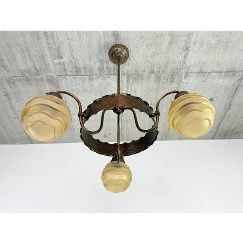 Art Nouveau Brass 3-Arm Chandelier with Scalloped Glass Shades, 1920s For Sale - Image 3 of 9