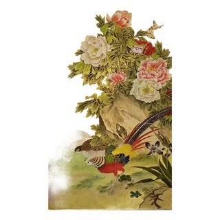 Luxury Hand Painted Gold Leaf Wallpaper With Phoenix Bird & Peony Floral Design, Oriental Chinoiserie Wall Mural, Custom Designer Wallcovering For Sale