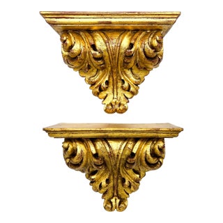 20th C. Hollywood Regency Resin Gold Wall Shelves – A Pair – Glam / Vintage Luxe For Sale