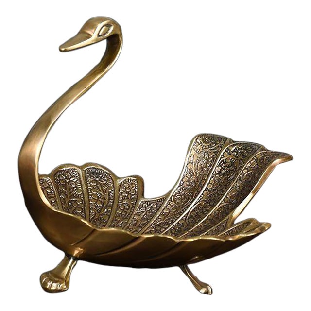 Vintage Gilded Swan-Shaped Decorative Dish With Ornate Wing Detailing For Sale