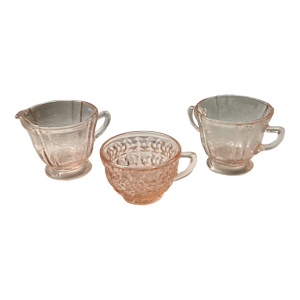 1930s Set of 3 Mixed Pink Depression, Pieces, Sugar, Bowl, Creamer and a Tea Cup