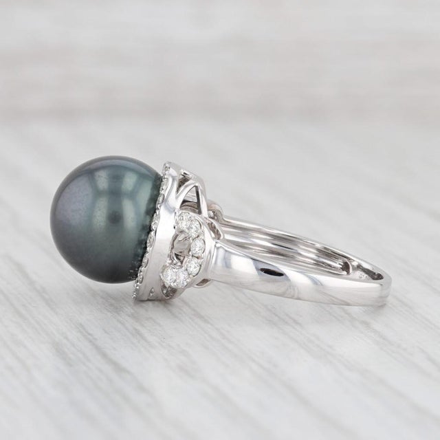 2020s New Tahitian Black Pearl 0.55ctw Diamond Halo Ring 14k White Gold Size 7 For Sale - Image 5 of 7