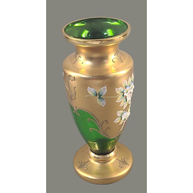 Mid 20th Century Vintage Bohemian Heavily Gilded High Enamel Floral Green Crystal Art Glass Vase For Sale - Image 5 of 11