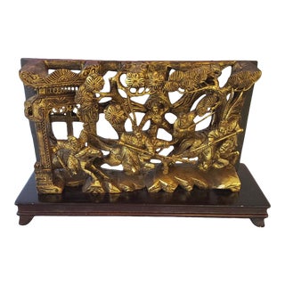 Antique Chinese Gold Gilt Wood Carved Plaque of a Battle on Horse For Sale