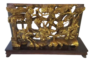 Antique Chinese Gold Gilt Wood Carved Plaque of a Battle on Horse
