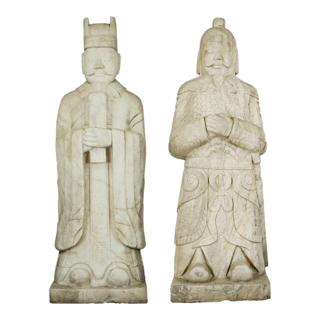Mid 20th Century Pair of 5.5 Ft. Chinese Marble Civil Officer & Military Leader Statues For Sale