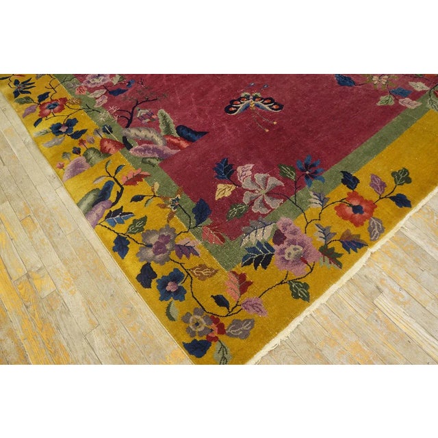 1920s Pink Rose Floral Antique Chinese Art Deco Carpet 9' X 12' Knotted Wool Rug For Sale - Image 4 of 11