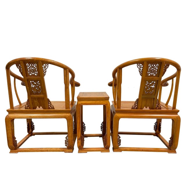 Vintage Chinese Camphor Wood Horseshoe Back Armchairs Set For Sale - Image 12 of 13