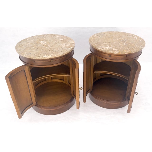 Pair of Round Cylinder Shape Two Doors End Lamp Tables Stands Pull Out Trays For Sale - Image 13 of 18