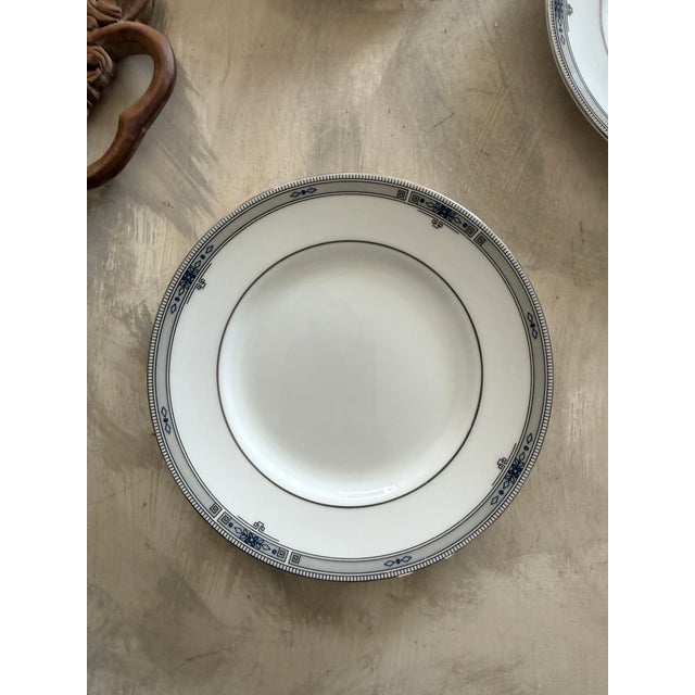 Late 20th Century Wedgwood Amherst Bone China Plates 6 Inch Dove Gray Greek Key Blue Floral England - Set of Five (5) For Sale In Chicago - Image 6 of 12