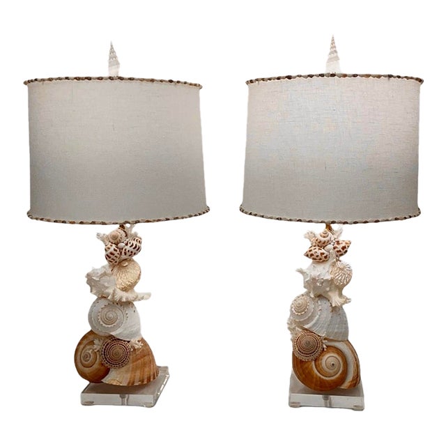 Hollywood Regency Natural Shell Lamps With Linen Shades - Pair For Sale