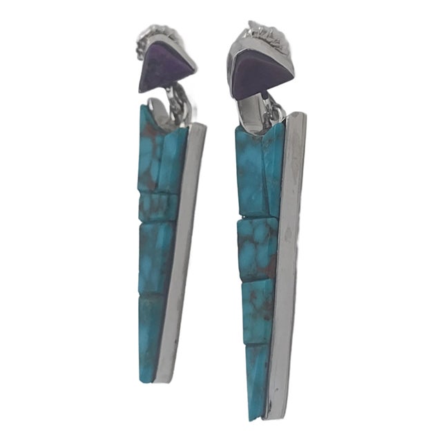 Kingman Turquoise Sugilite Cobblestone Inlay Dangle Earrings by Na Na Ping Authentic Native American, A Pair For Sale