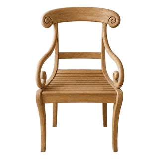 Vintage Scroll Arm Slatted Light Wood Armchair For Sale