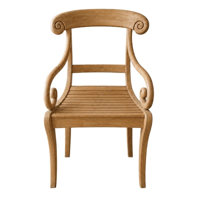 Vintage Scroll Arm Slatted Light Wood Armchair For Sale