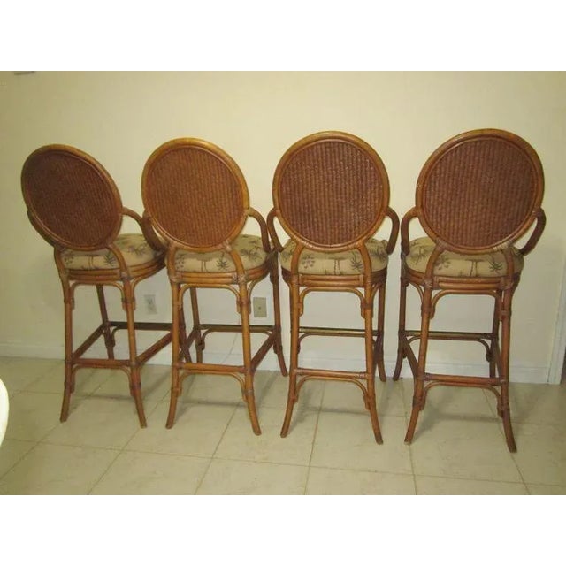 Coastal 1990s Tommy Bahama Style Barstool Not Swivel Palm Fabric Upholstered Seats- Set of 4 For Sale - Image 3 of 12