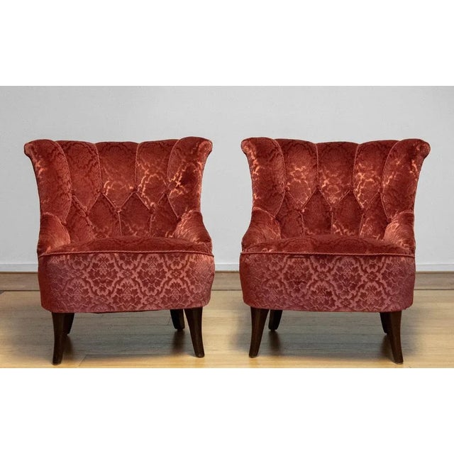 Set of 20th Century Napoleon III Armchairs in Velvet Jacquard Tone-on-Tone Brick For Sale - Image 11 of 12