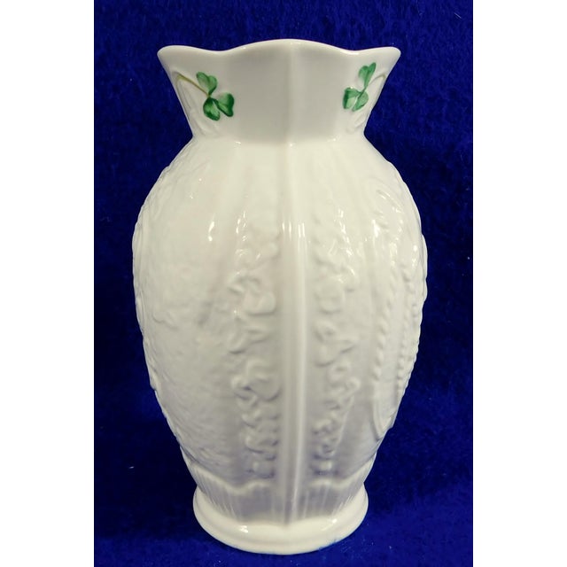 Ceramic Vintage Belleek Irish Ivory & Green Shamrock Embossed Vase For Sale - Image 7 of 9