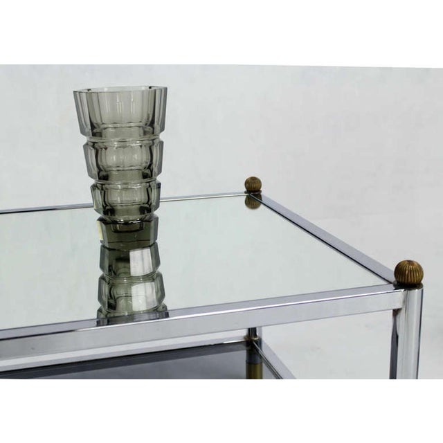 Mid 20th Century Pair Square Chrome & Brass Smoked Glass Shelf Mirrored Top End Side Tables MINT! For Sale - Image 5 of 9