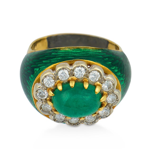Contemporary Vintage 1.50 Carat Emerald Diamond 18k Yellow Gold and Enamel Cluster Ring, Size 4 For Sale - Image 3 of 6
