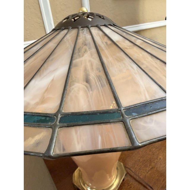 Vintage Mid-Century Modern Crescent Brass Manufacturing Co. Lamp & Slag Glass Shade. Glazed Apricot-Colored Base For Sale In Miami - Image 6 of 12