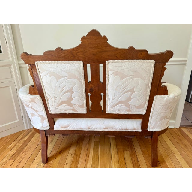 Victorian Antique Victorian Eastlake Walnut Settee/Loveseat - Reupholstered For Sale - Image 3 of 9
