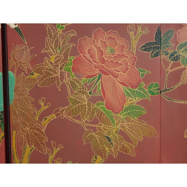 Antique Oriental Asian Red Coromandel Six Panel Folding Screen Birds in Garden For Sale - Image 11 of 16