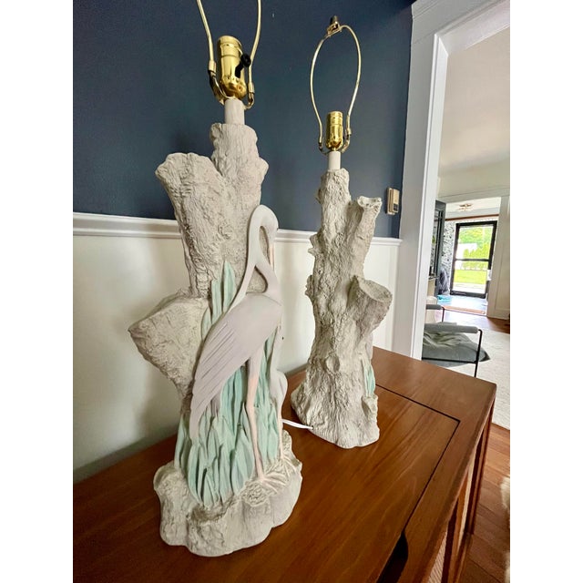 Late 20th Century Vintage Faux Bois Plaster Egret Lamps For Sale - Image 5 of 5