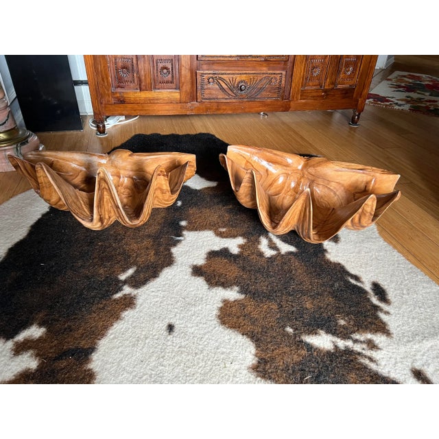 Wood Pair of 1970s Oversized Nautical Wooden Shell Bowls For Sale - Image 7 of 9