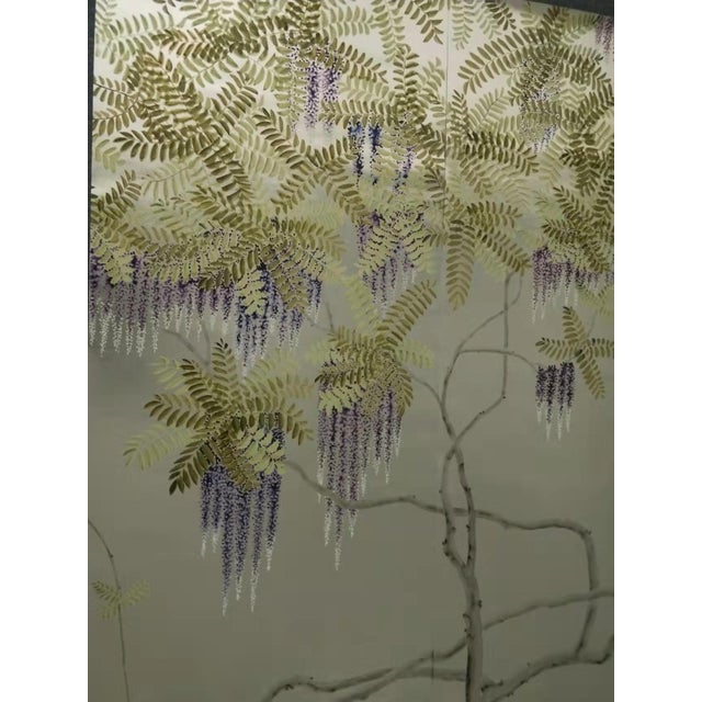 Silver Leaf Chinoiserie Hand-Painted Purple Wisteria Wall Panels (Set of 2) For Sale - Image 4 of 6