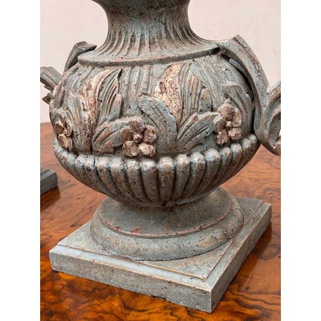 Wood Neoclassical Style Decorative Faux Urns, Pair For Sale - Image 7 of 12