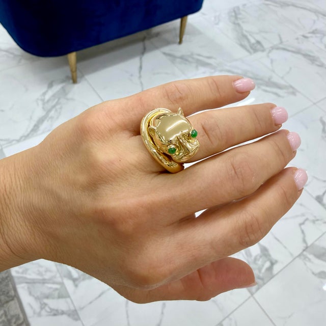 Vintage David Webb 18k Yellow Gold Emerald Eyes Panther Cocktail Ring, Size 5 For Sale - Image 9 of 9