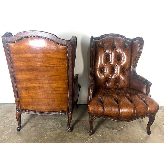 1930s Pair of French Leather Tufted Wingback Chairs C. 1930 For Sale - Image 5 of 13