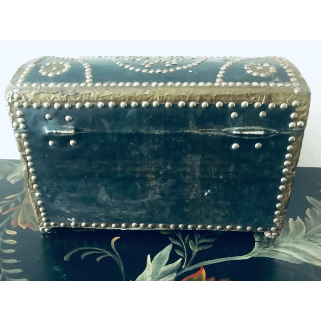 Antique French Leather Wrappedd Studded Dome Top Lined Box For Sale In West Palm - Image 6 of 8