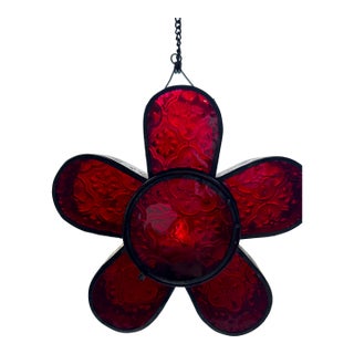 Vintage Red Stained Glass Hanging Votive With Pierced Metal Frame For Sale