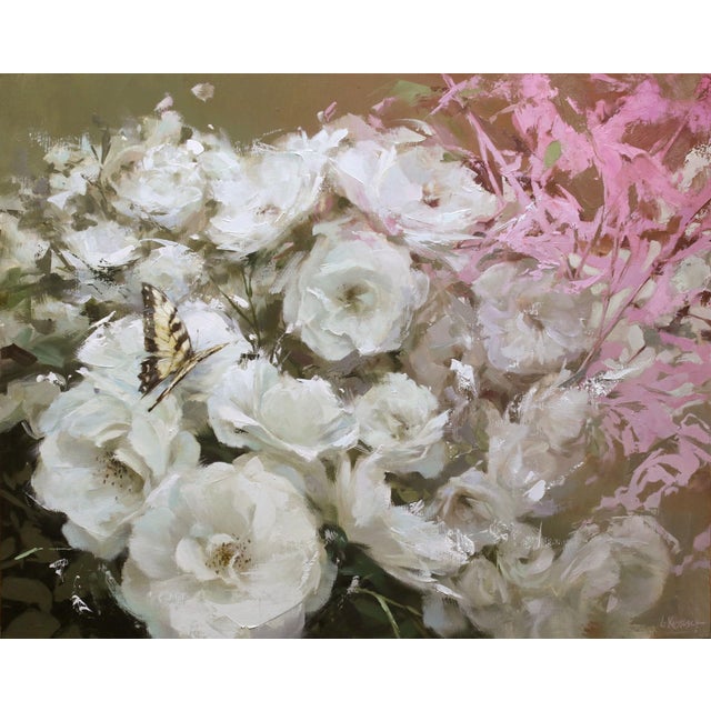 Roses in Bloom by Lindsey Kustusch | Oil on wood panel White roses with a butterfly. For Sale