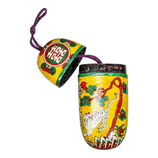 Colorful Hand Painted Antique Lacquer Asian Chinese Tiger Eyeglass Spectacle Case Chinoiserie Home Decor For Sale