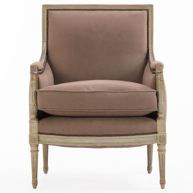 French A Pair of French Louis XVI Style Painted Bergères, C. 1930 For Sale - Image 3 of 8