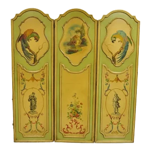 Antique French Louis XV Green Painted Parrot 3 Panel Venetian Room Screen (C)