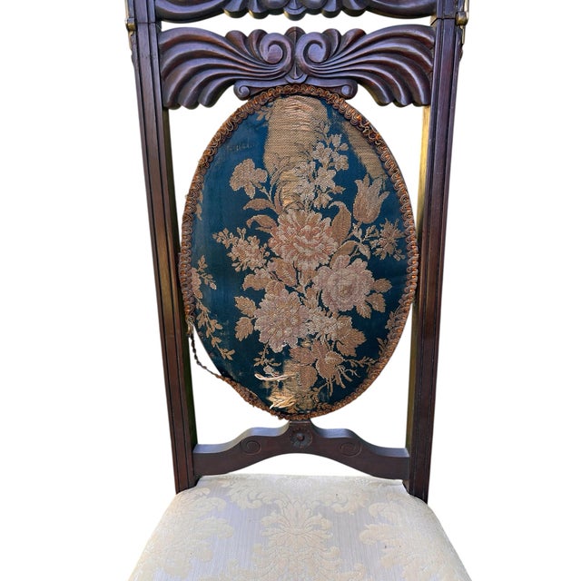 Mid-19th Century Dressing Chair With Convertible Mirror Seatback in Off-White Jacquard Fabric For Sale In Atlanta - Image 6 of 12