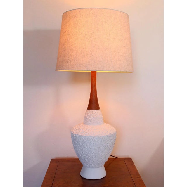 1960s 1960's Large-Scale Teak & Ivory Textured Plaster Danish Modern Style Lamps With Tweed Woven Drum Shades - a Pair For Sale - Image 5 of 10