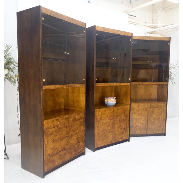 Mid-Century Modern Set of 3 Burl Wood Lighted Cabinets Wall Units Mid Century Modern MINT For Sale - Image 3 of 17