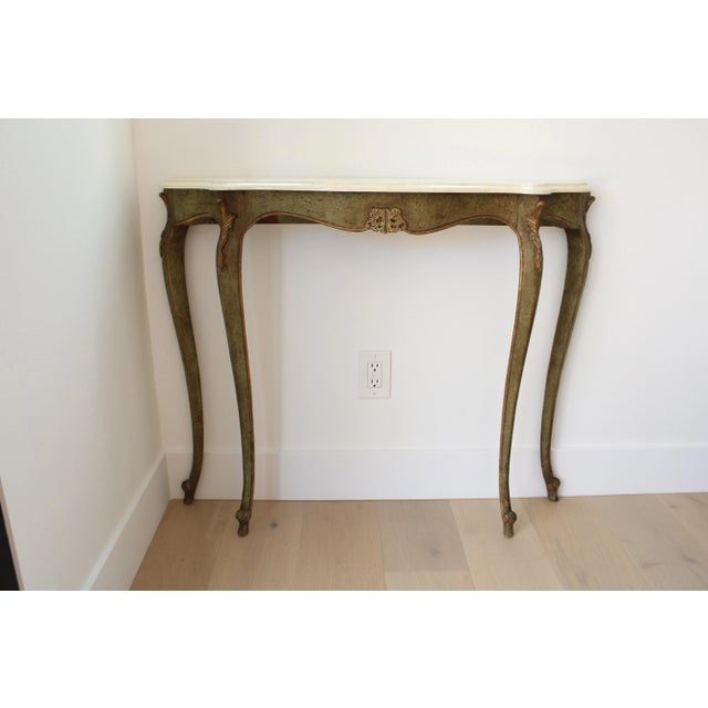 Set of two: Antique carved 1960's demilune console table, with it's gorgeous original carved gilded avocado green wood...