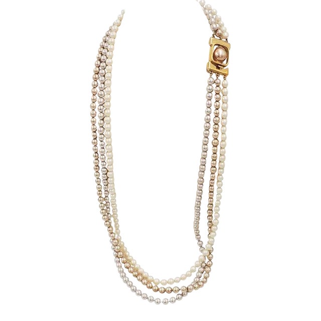 Vintage 1980s Signed Monet Goldtone 3-Strand White, Tan & Silver Faux-Pearls Necklace For Sale