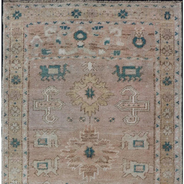Measures: 2'5 x 4'2 Turkish Oushak Vintage in variation of Muted Colors, tan, pink, teal & Lt. Brown. vintage Turkish...